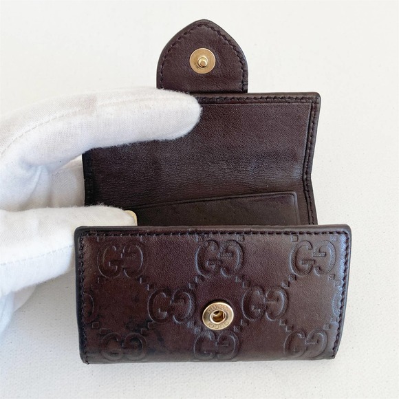🤎🧨GUCCI Key Ring Case Brown Embossed Leather Micro Guccissima Gold Heart - Picture 3 of 11